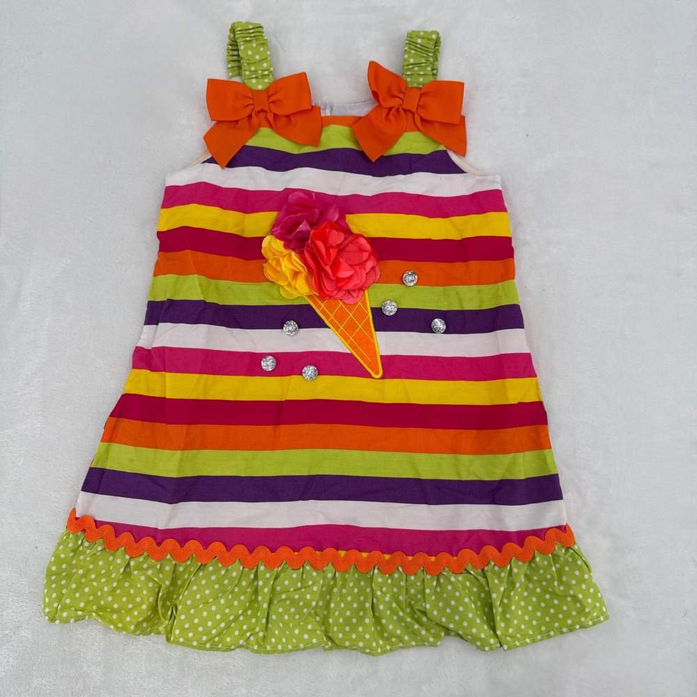 Youngland 3D Flower Ice Cream Cone Striped Dress Girls 4T Rainbow Bows Vtg 2010
